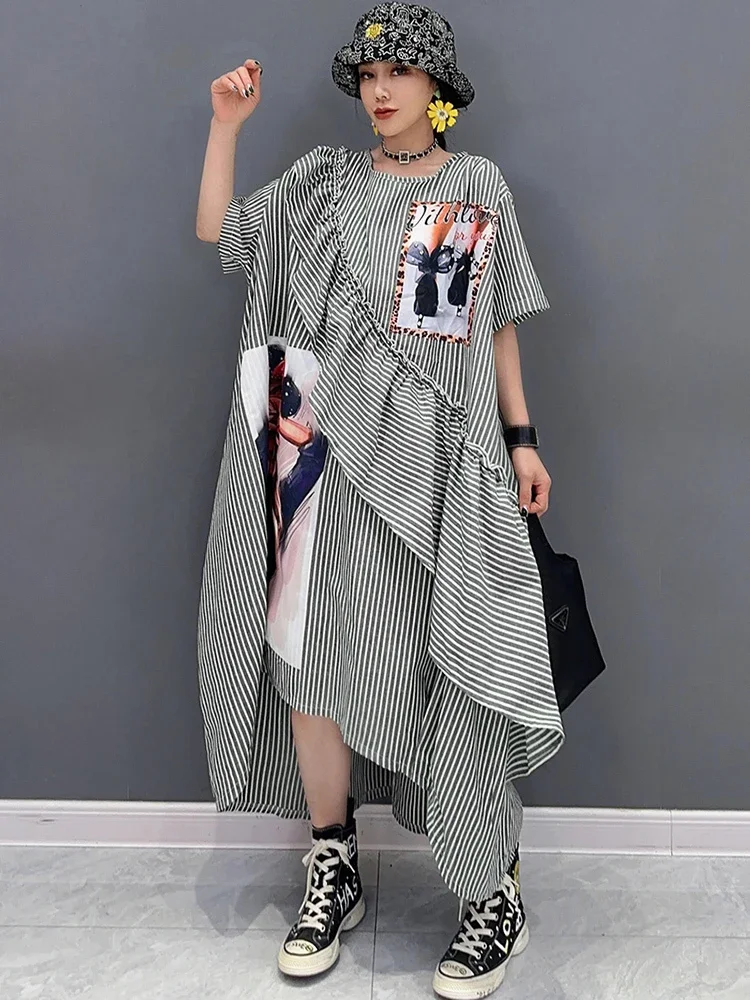 SHENGPALAE 2024 Summer New Short Sleeved Printed Dress Spliced With Ruffle Edge Loose Dress Fashionable Cute Dress Clothes R9716