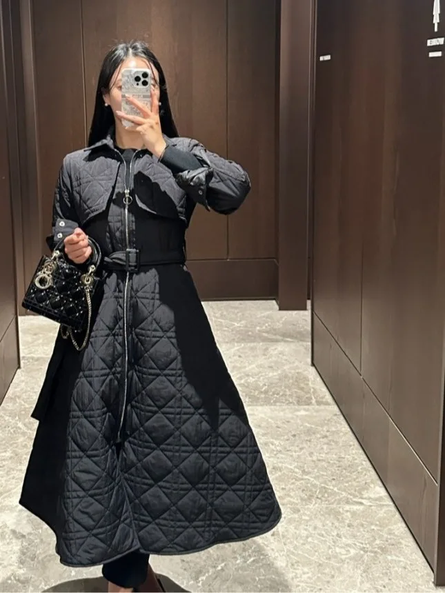 Ele Thiened Long Coat Women's Bla Slimming Waist Cotton Plaid Outerwear Vintage High-End Feelings Faionable