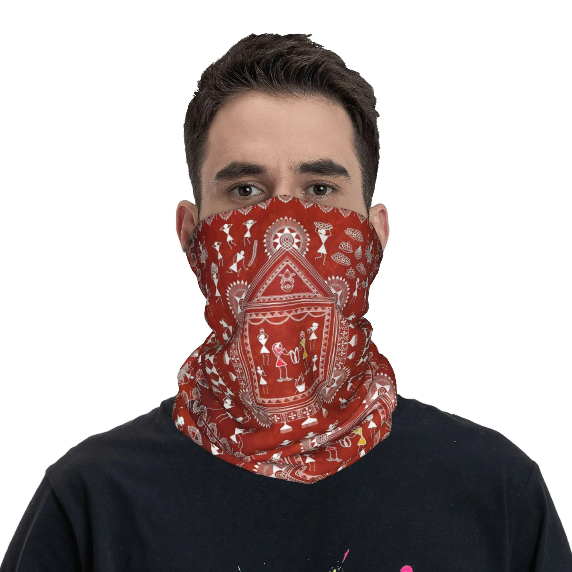 

Warli wedding Bandana Neck Gaiter Printed Wrap Scarf Headwear Hiking Fishing for Men Women Adult Washable