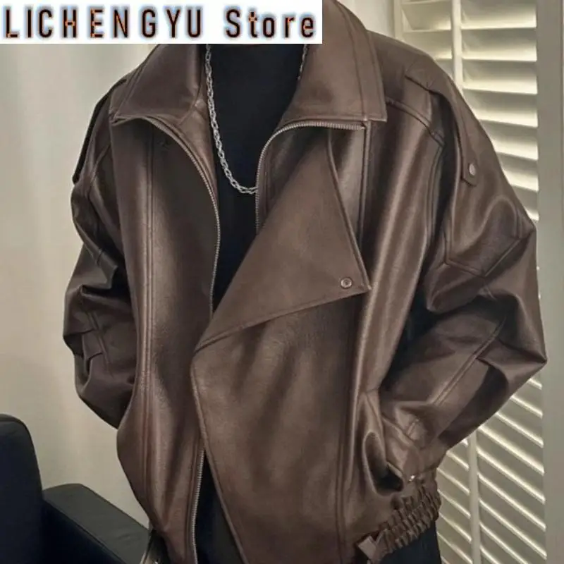 

Men's Autumn High Colar Pu Leather Jacket American Retro and Cleanfit Handsome Loose Fashion Atmosphere Asymmetrical Zipper Coat