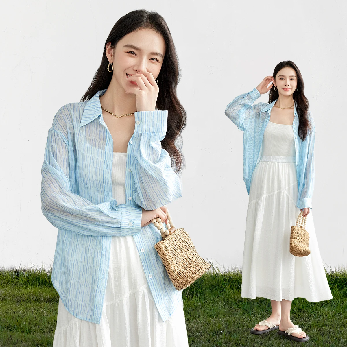 

SENTUBILA Long Sleeve Blue Shirt for Women 2026 Spring Sunscreen Breathable Striped Loose Sunshade Beach Tops Ladies 151C58263