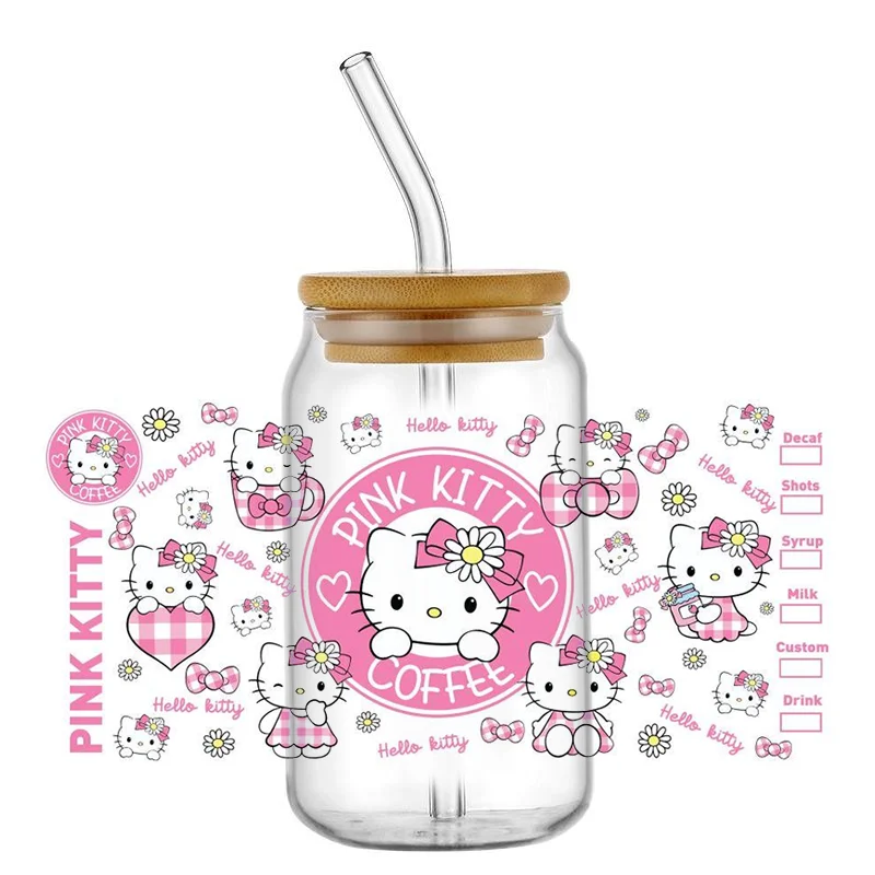 Miniso New Hello Kitty Theme For Libbey 16oz Can Glass Kuromi Coffee Waterproof UV DTF Coffee Can Wrap Libbey Glass 3D Wrap