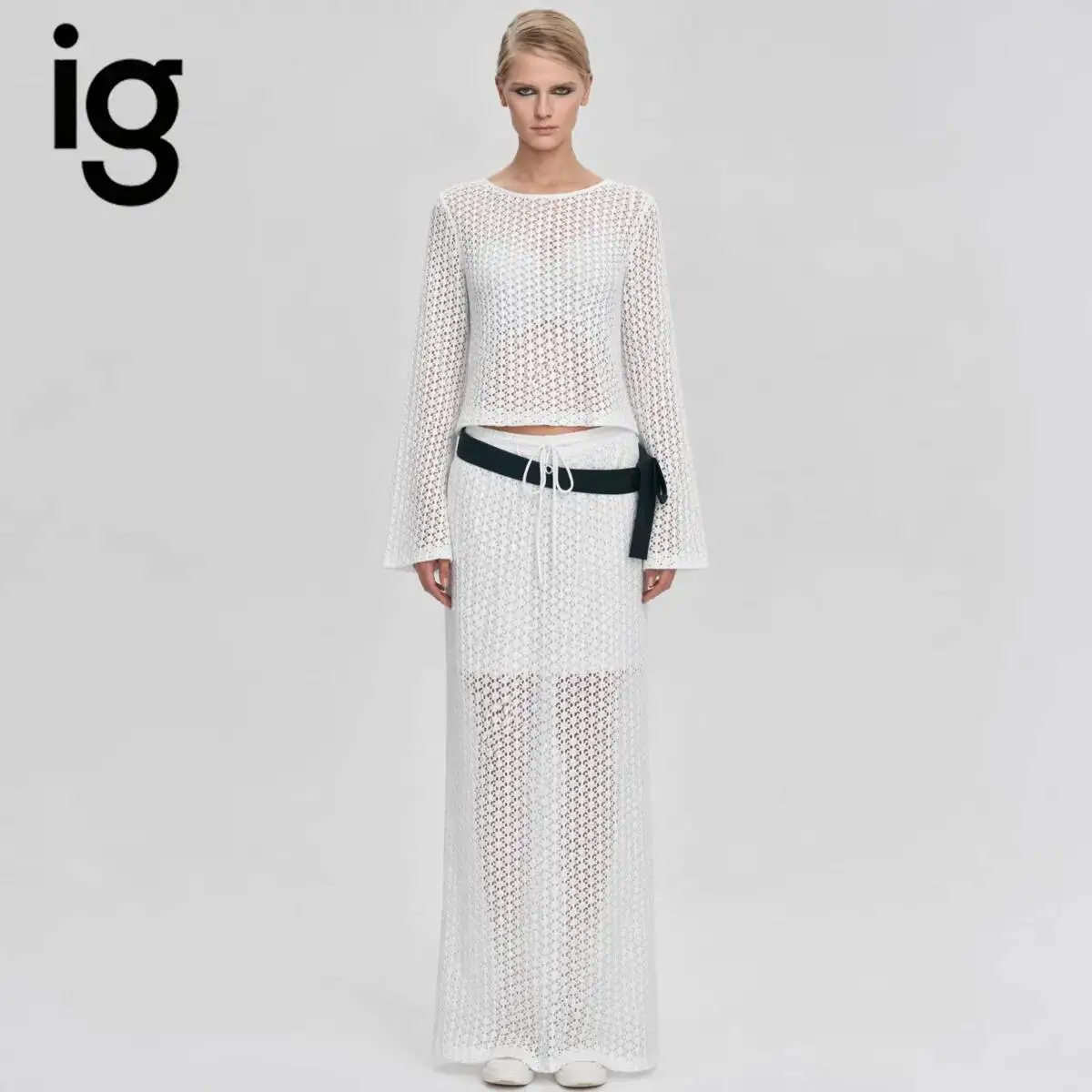 IG 2026 Women's Hollow Out Knit Two Piece Set, Flare Sleeve Cropped Top & Drawstring Waist Maxi Skirt With Bow Belt Matching