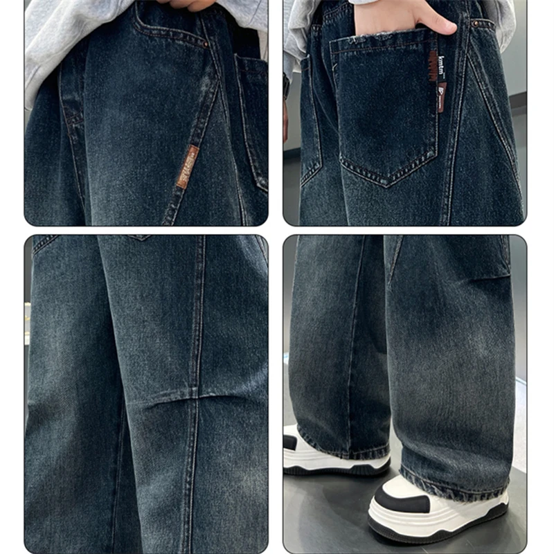 ربيع الخريف الاطفال جديد مصمم فضفاض مستقيم الجينز للمراهقين بنين جودة عالية الأزرق الدنيم السراويل الأطفال جينز غير رسمي بنطلون