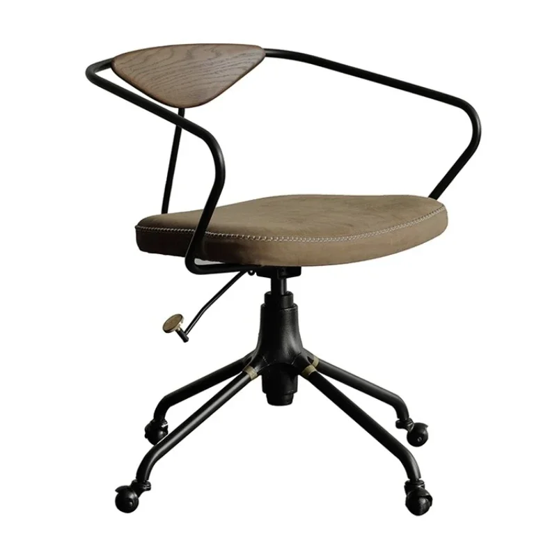 

Medieval style computer chair, North American oak backrest industrial style retro wrought iron leather office lift swivel chair