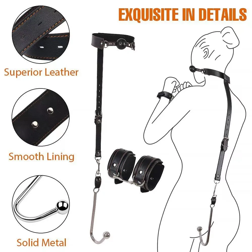 

Sex Bondage BDSM Anal Hook with Traction Chain Restraints Kit Butt Plug with Adjustable Leather Handcuffs Neck Collar Wrist Cuff