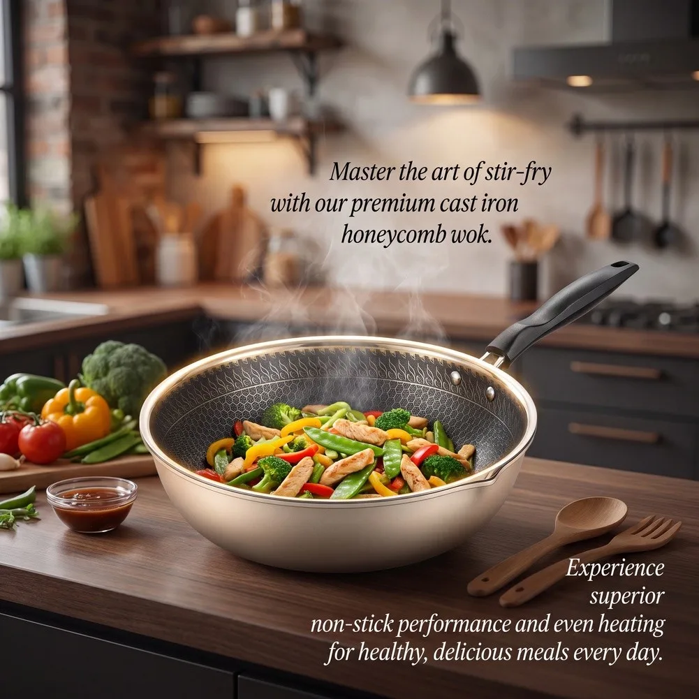 for Flat Base Cast Iron Stir Fry Pan with Heat Insulated Handle Meets Requirements of Modern Household Cooking Environments