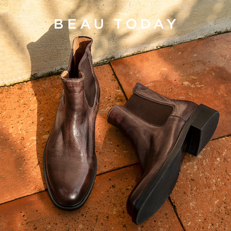 BEAUTODAY Chelsea Boots Women Cow Leather Solid Color Round Toe Slip-on Platform Ankle Boots Ladies Shoes Handmade 03750