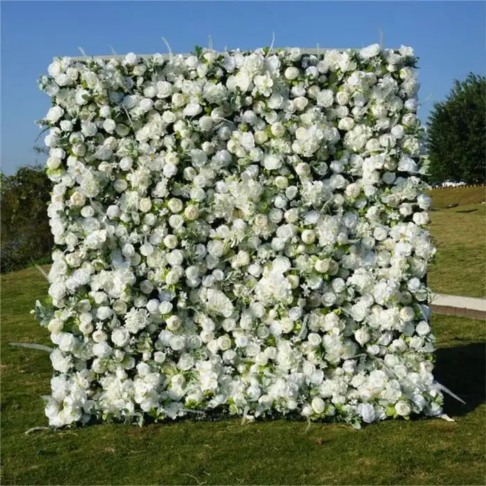 

Royal Series Luxury White Rose Green leaves 3D mixed flower wall Roll Up Fabric Floral Wall Arrangement Event Party Stage Props