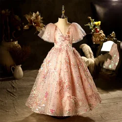 Kids Princess Dress For Girls Flower Sequin Lace Christening Gown Kids Clothes Elegant Party Wedding Costumes Birthday Clothing