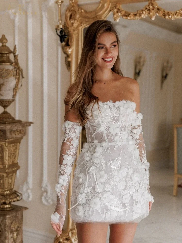 

Luxury Short Wedding Dresses Strapless Lace Floral Bridal Gown Prom Party Saudi Arabia Israel Dubai Vestidos De Novia Customized