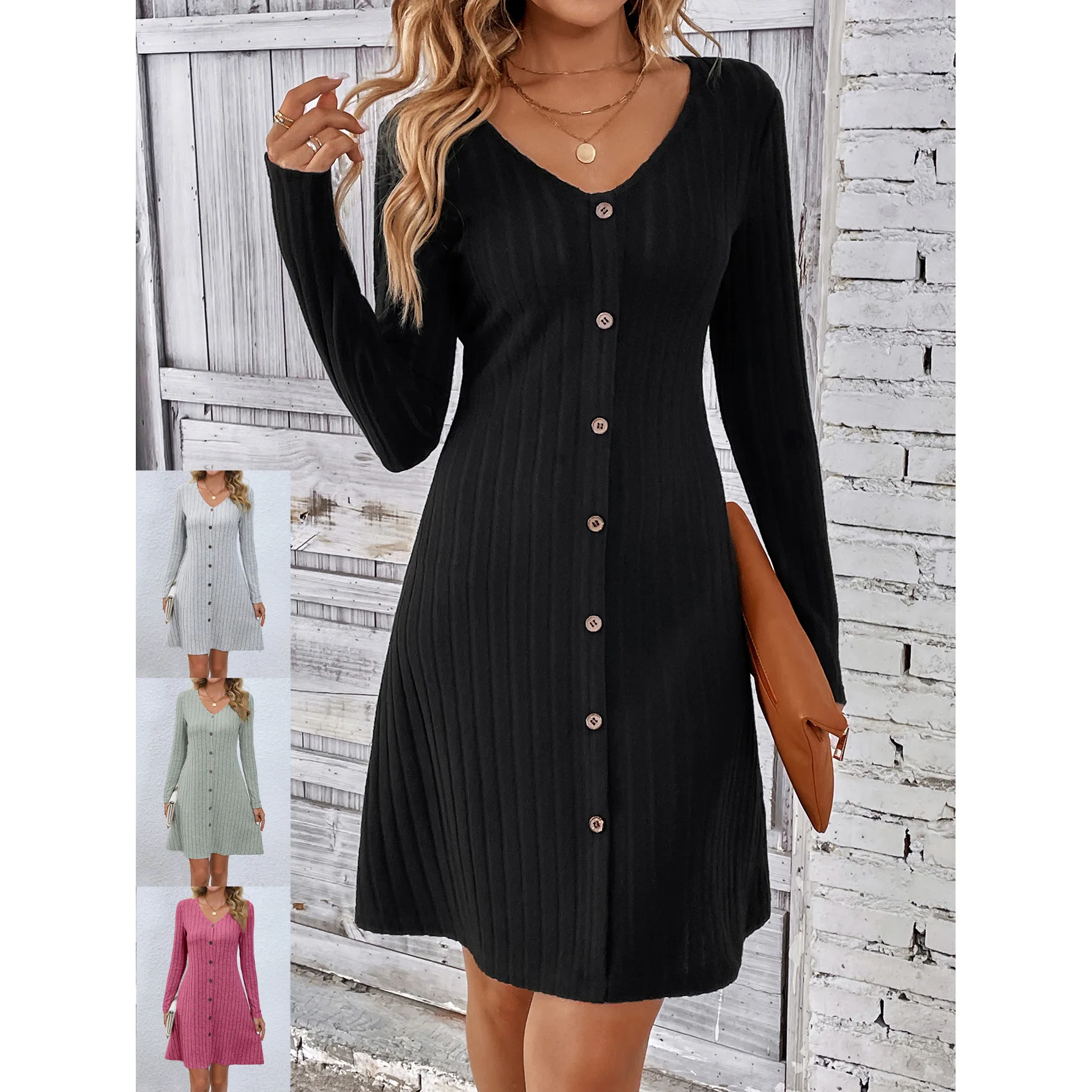 

Fashion Solid Ribbed Knitted Mini Dress Women Button Long Sleeve A Line Dresses 2024 Autumn Lady Streetwear Robe