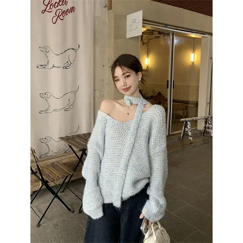 Korejpaa Korean Fashion Pullover Sweater Women 3D Floral Ribbon V Neck Knitted Sweaters 2024 Autumn Casual Sweet Pull Femme