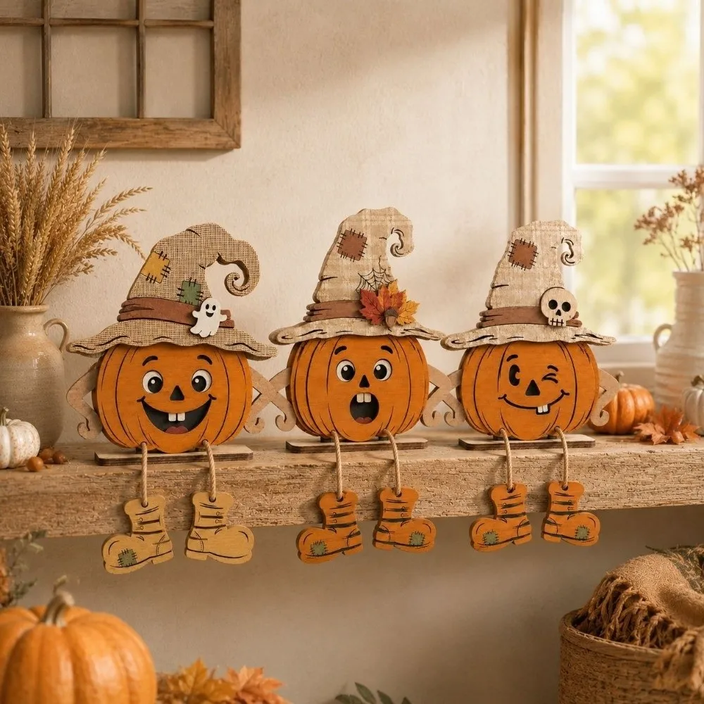 3Pcs 2D Flat Pumpkin-Shaped Wooden Ornaments Vintage Hand Painted Halloween Pumpkin Figurine with Legs Stable Base