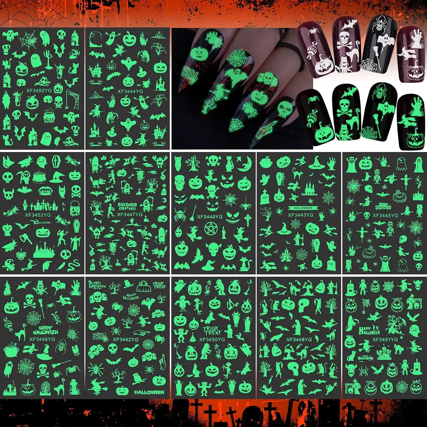 

12 Halloween Glow-In-The-Dark Nail Stickers Pumpkin Head Imp Skull Decal with Adhesive Back Nail Stickers Suitable for DIY Nails