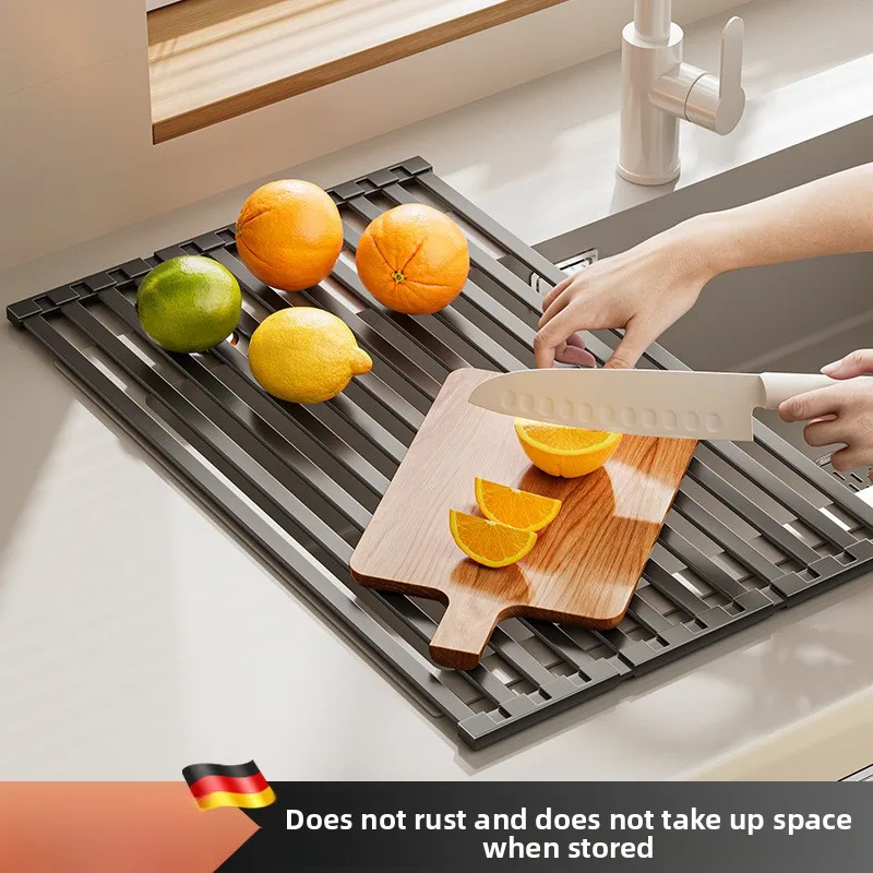 Stainless Steel Foldable Sink Drying Rack Silicone Edges Three Fold Sections Adjustable To Cm Width Heat Resistant Kitchen Dish