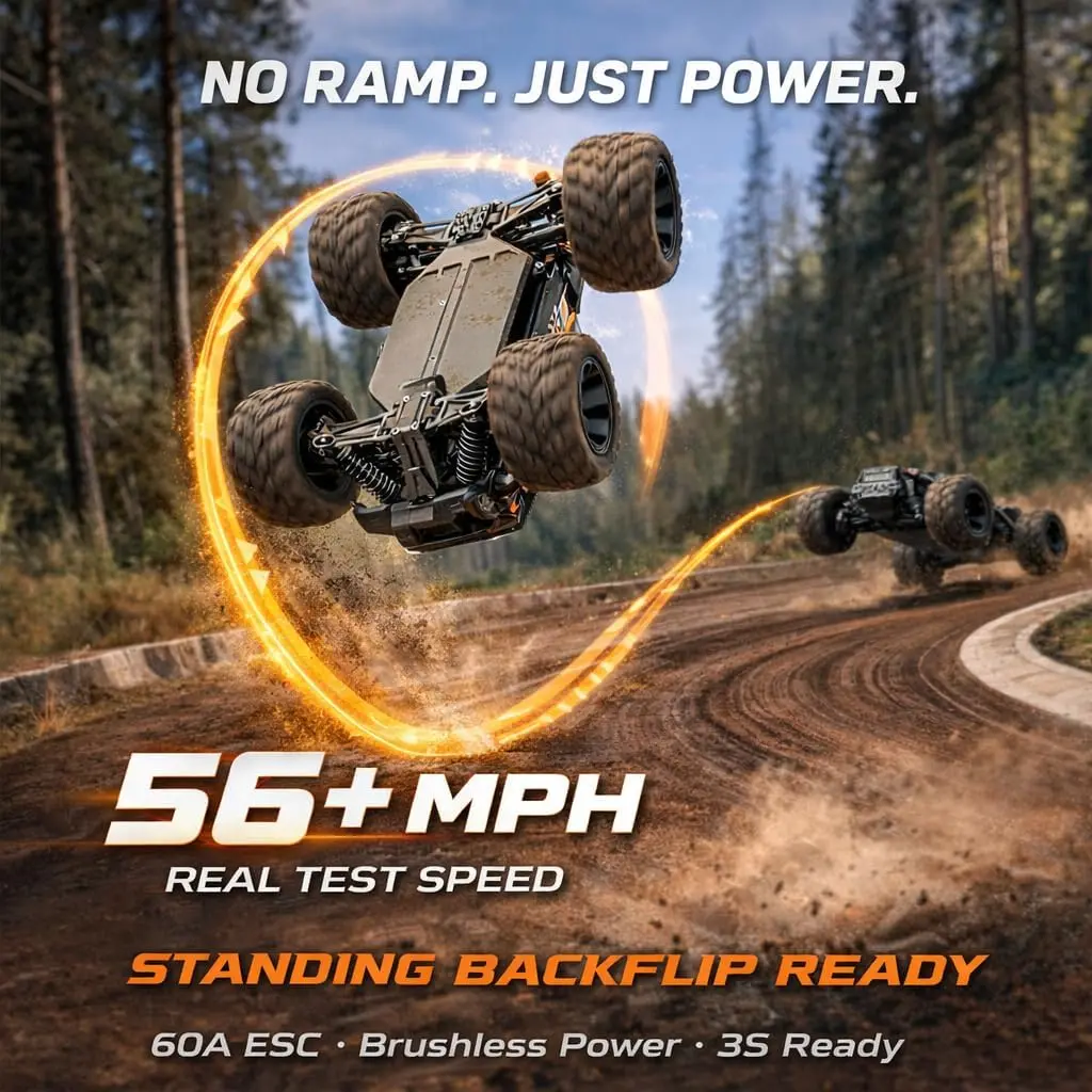 1610S Brushless Fast RC Car, 56+ MPH and Standing Backflip in Stock Setup, 1:16 High Speed RC Truck, 4WD RTR Off-Road Monster RC