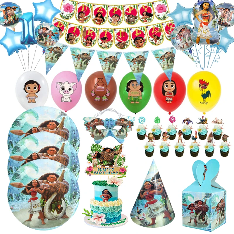 Disney Moana Theme Party Set Vaiana Oceania Plate Banner Cake Topper Plate Kids Birthday Party Decoration Balloons Girls Favor