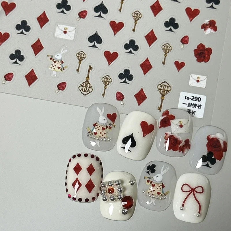 Vintage Poker Flower Key Love Heart Bunny Dark Black White Red Rabbit Self Adhesive Nail Art Decoration Stickers Manicure Decals