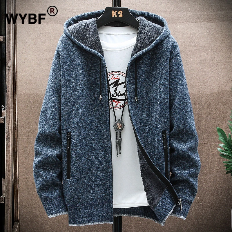 

Men's Winter Knitted Sweater Pullover Print Korean Fashion Clothes Knitwears Clothing Hooded Plush Cardigan Warm Jacket