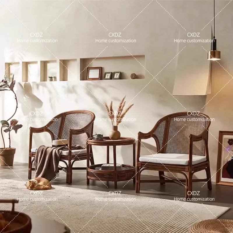 Rattan Chair and Table Set 3 Piece Living Room Balcony Furniture Japanese Style Single Sofa with Backrest for Homestay