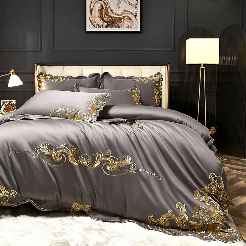 Dark Grey Egyptian Cotton Bedding Set Luxury Queen King Gold Embroidery Solid Color Duvet Cover Fitted Bed sheet Pillowcases