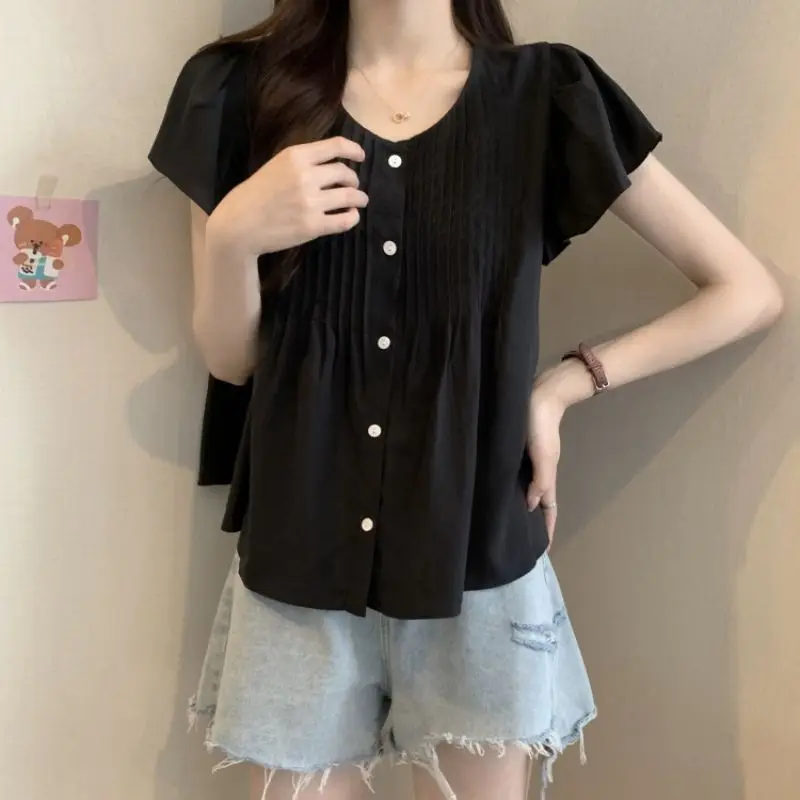 Fashion O-Neck Folds Butterfly Sleeve T-Shirt Female Clothing 2024 Summer New Loose All-match Tops Sweet Solid Color Tee Shirt