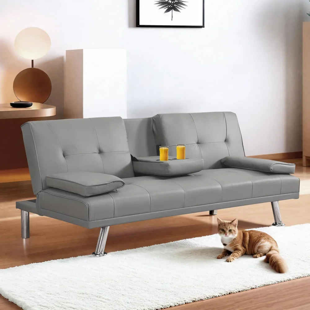 

Futon Sofa Bed with Cup Holders, Convertible Sleeper Couch with Adjustable Backrest, Folding Loveseat Sofa