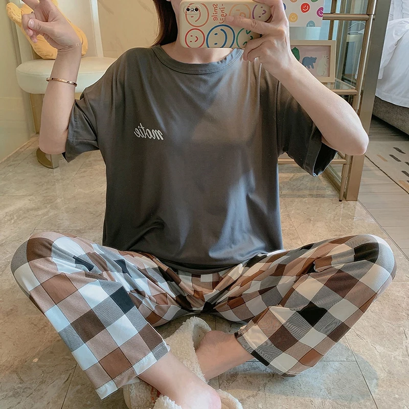 Pajama Set Girl Polyester Short-Sleeved T-shirt Plaid Long Pants Sweet Housewear Suit Women Spring Summer