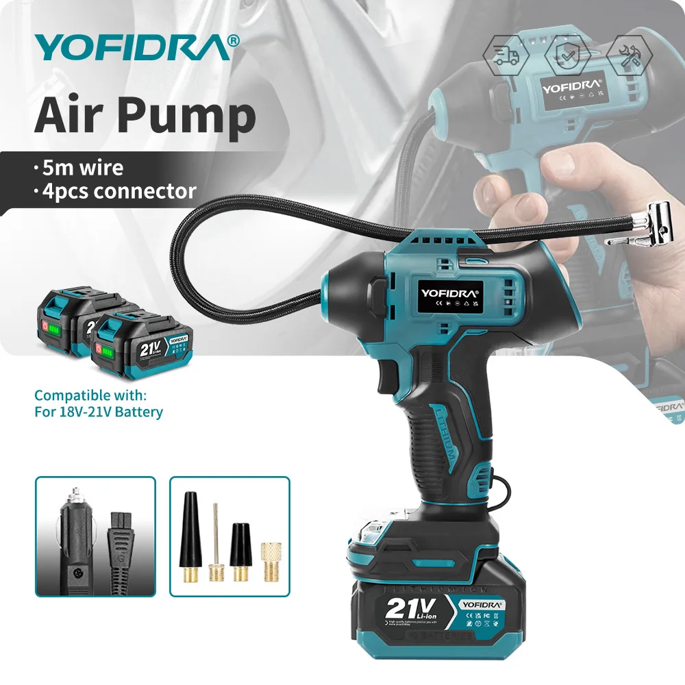 YOFIDRA Aufblasbare Elektrische Luftpumpe mit Digitalanzeige, Automatischer Reifenfüller für Autos, Elektrowerkzeug für Makita-Akku