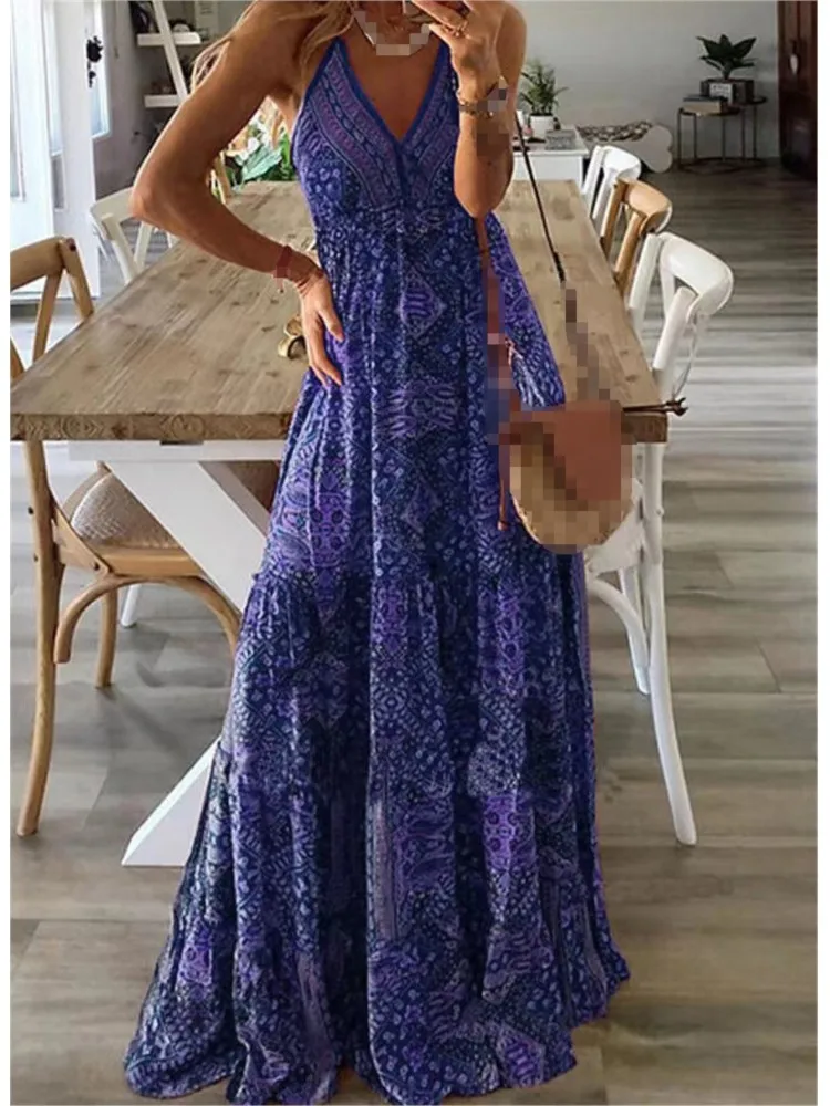 Summer Women's Spaghetti Strap Boho Long Dresses Elegant V Neck Party Vintage Printed Sleeveless Sexy Maxi Beach Dress Vestidos