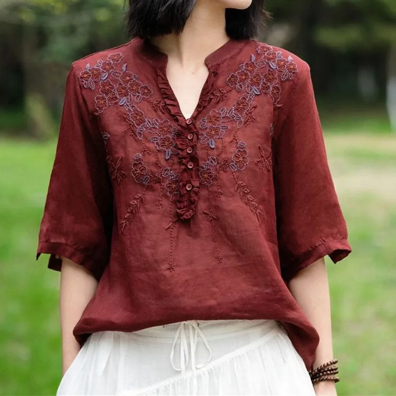 Vintage Fashion Solid Color Embroidery Spliced Shirt Summer Women\'s Clothing Loose All-match V-Neck Half Sleeve Blouse Female