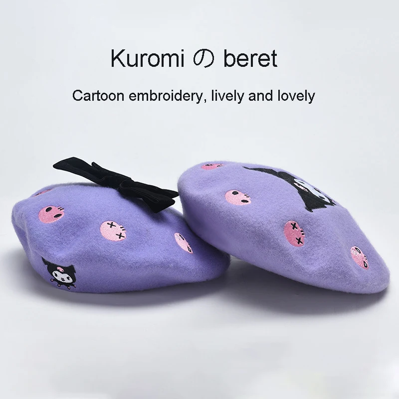 Kawaii Kuromi Women Beret Autumn and Winter Cartoon Versatile Bow Tie Painter Hat Wool College Girly Fashion Embroidery Hat Gift