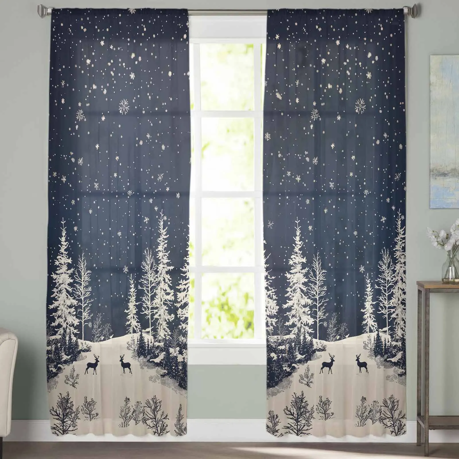 Forest Reindeer Snow Scenery Snowflakes  Sheer Curtains for Living Room Bedroom Home Hotel Decor Chiffon Tulle Curtains