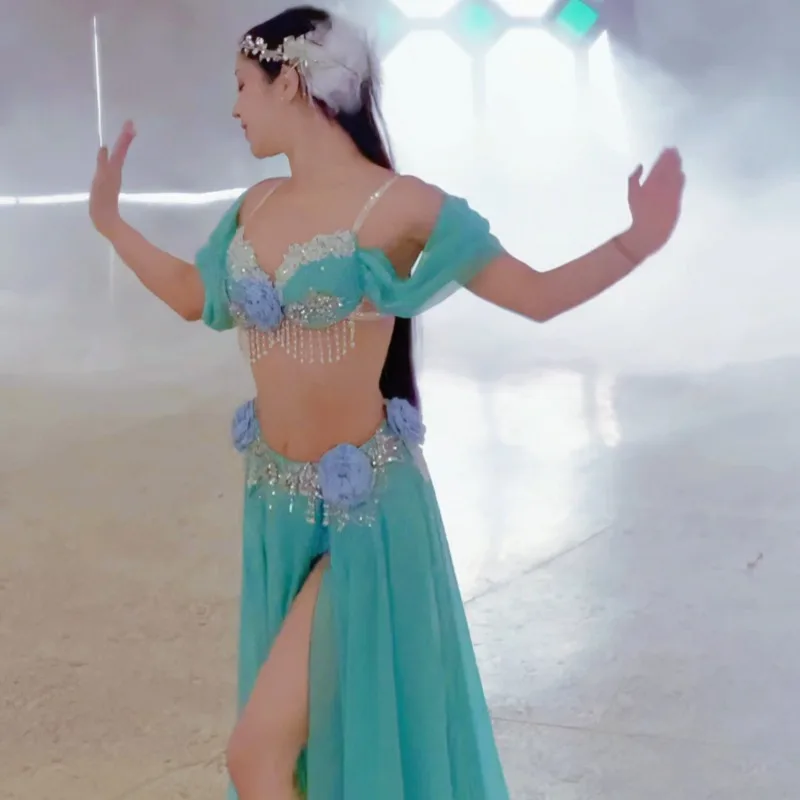 Conjunto de trajes de dança do ventre personalizados, vestido de performance, saia de classe, sexy, temperamento, roupa de prática, sutiã azul de dança do ventre