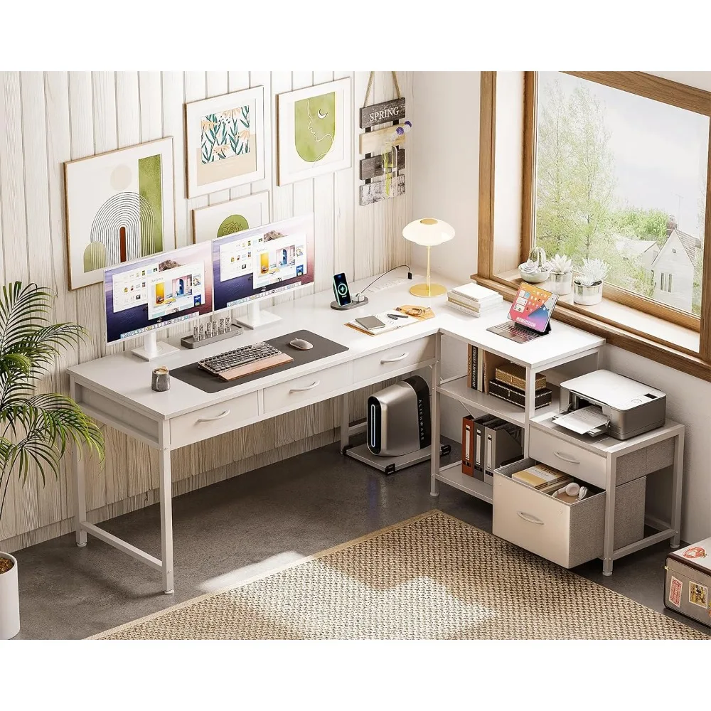 

L Shaped Computer Desk with Fabric Drawers and File Cabinet,61" Reversible Home Office Workstation Desk with Power Outlets White