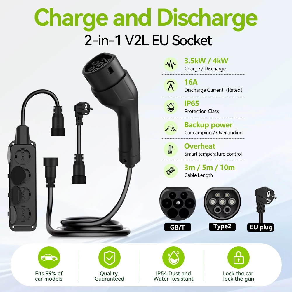 Charge and Discharge 2-in-1 V2L EU Socket 3/5/10m Cable EU Type2 GB/T for Portable EV Charger Fit For BYD MG ZS ATTO3 Xpeng