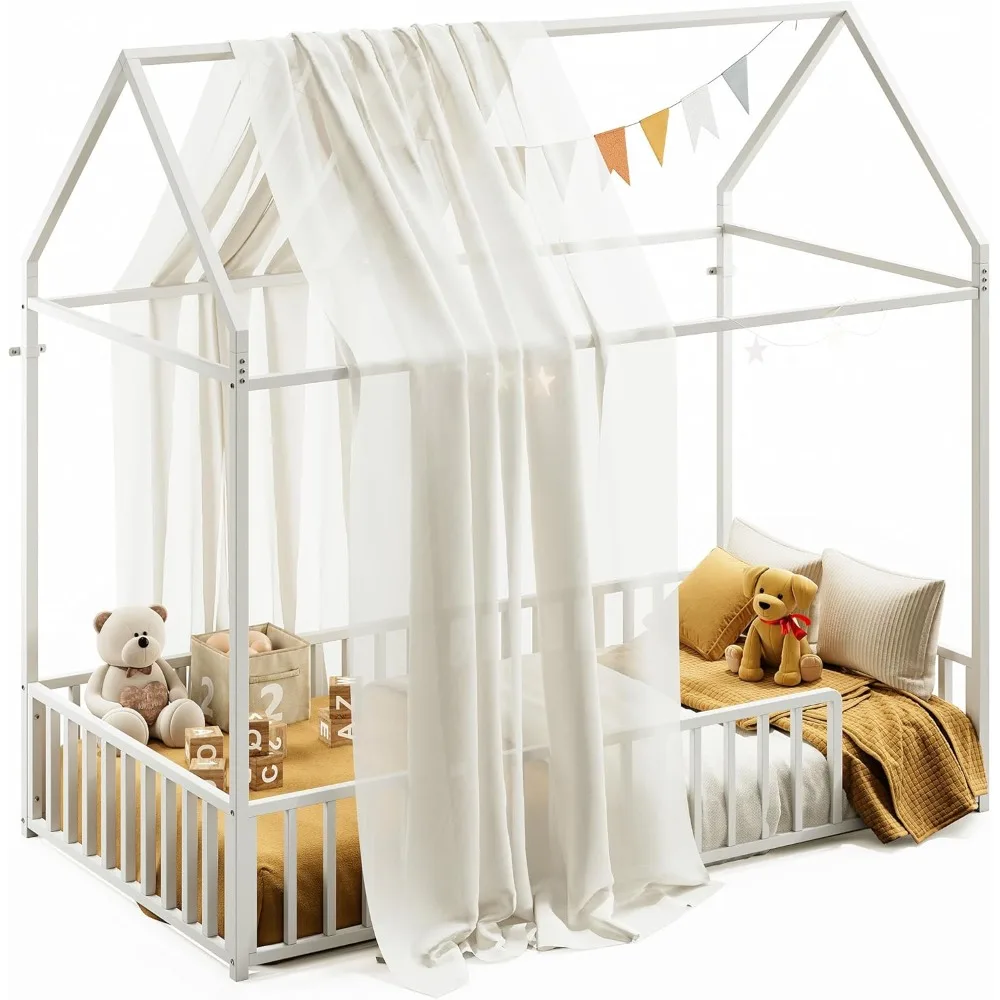 

Twin Floor Bed Frame with Roof & Fence Guardrails Metal House Bed for Bedroom, Easy Assemble, No Box Spring Needed, Whit