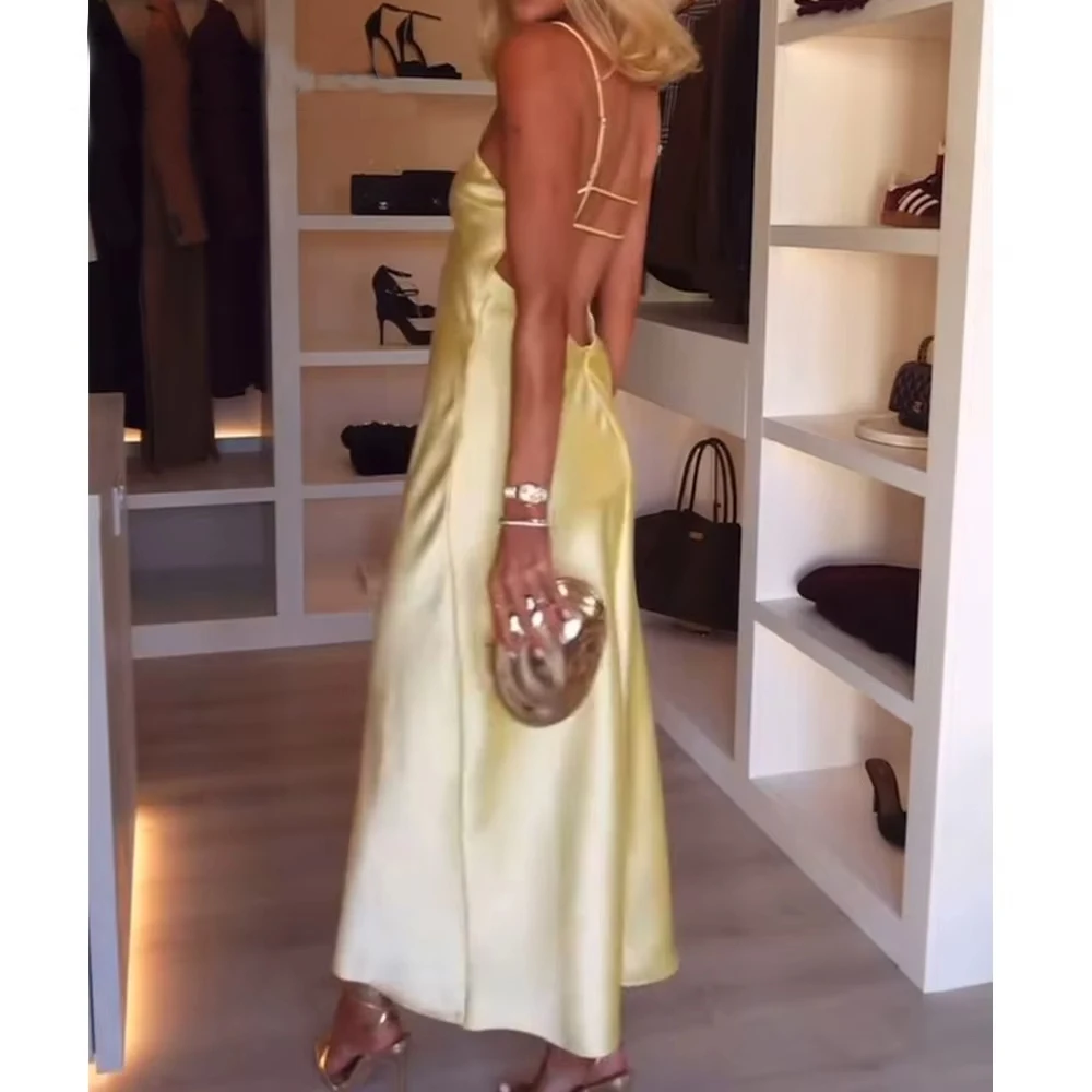 MUJER rose Satin robe à bretelles femmes jaune robe d'été femme 2025 Sexy dos nu longues robes pour femmes bretelles fête robes mi-longues
