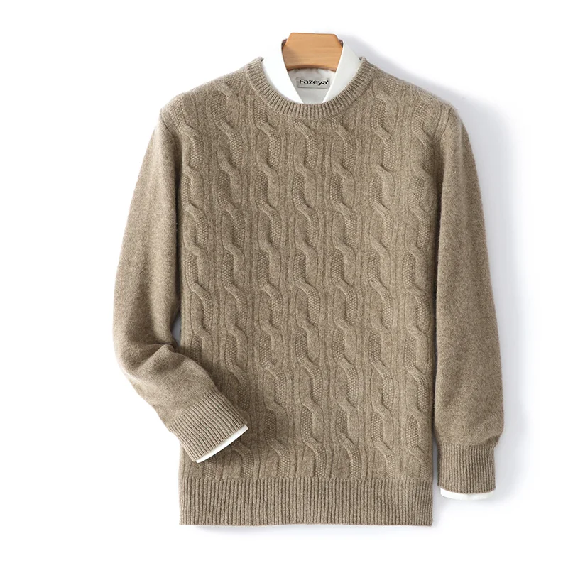 

Autumn Winter New 100% Wool Sweater Men's Sweater Solid Color Jacquard Loose Round Neck Casual Thickened Business Sweater