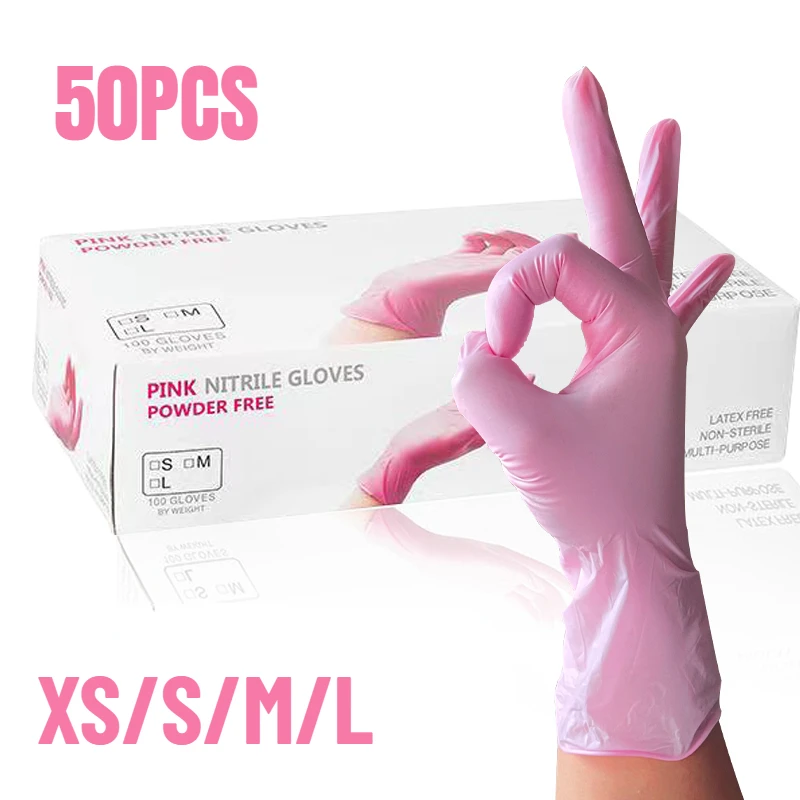 Pink Nitrile Gloves For Kitchen Bathroom Beauty Salon Painting Nail Art Waterproof Dirt Resistant Gloves Household Cleaning Tool