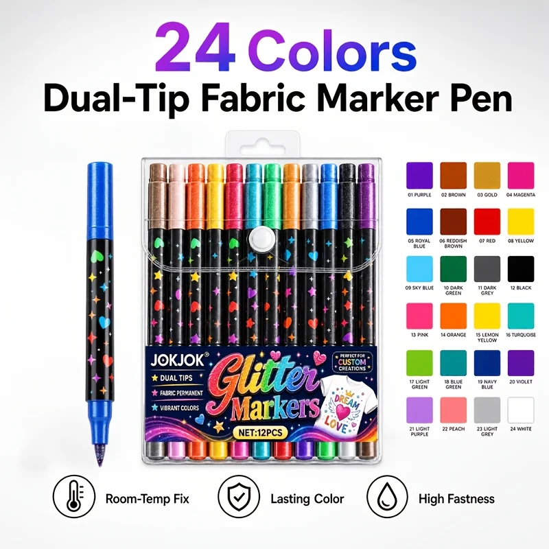 24-Color Double-Ended Fabric Markers Set Waterproof Non-Fading Textile Paint Pens for DIY Hand-Painted Clothes Canvas Bags Children's Graffiti Art Tool Kit