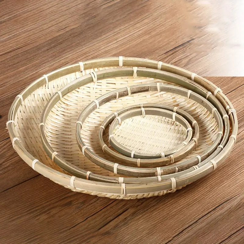 Natural Handmade Weaving  Bamboo Sieve Bamboo Raft Round Dustpan DIY Decorative Fruit Bread Basket Kitchen Storage