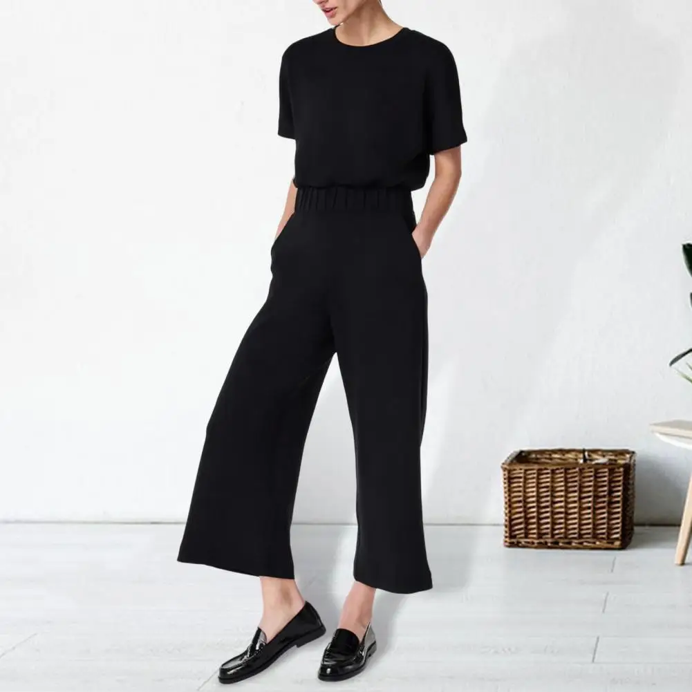 Pockets Jumpsuit Stylish Summer Women's Jumpsuit with O Neck Short Sleeves Elastic Waist Wide Leg Solid Color Casual Daily Wear