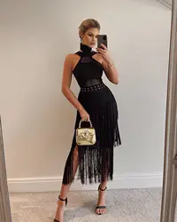 2024 New Autumn Stylw Women Sexy Off the Shoulder Bodycon Tassel Mid-calf Dress Rayon Bandage Elegant Evening Party Dress