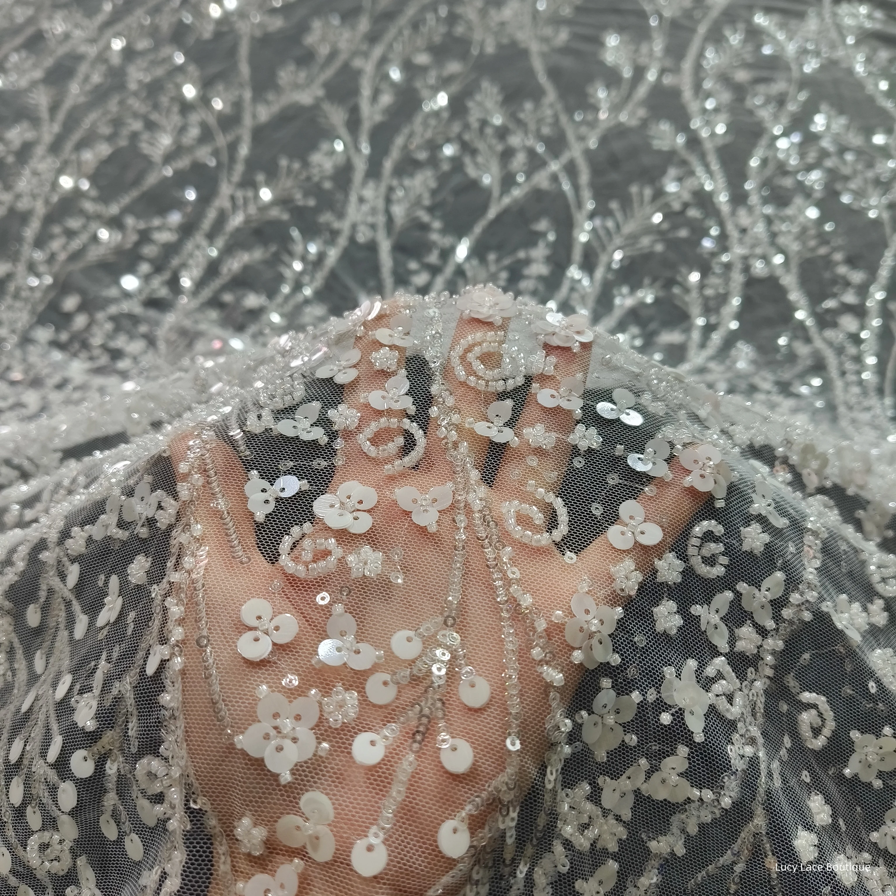 130CM Wide Off White Embroidered Tulle Bride Beading Lace Fabric NEW Arrivals Promotion Price 1 Yard