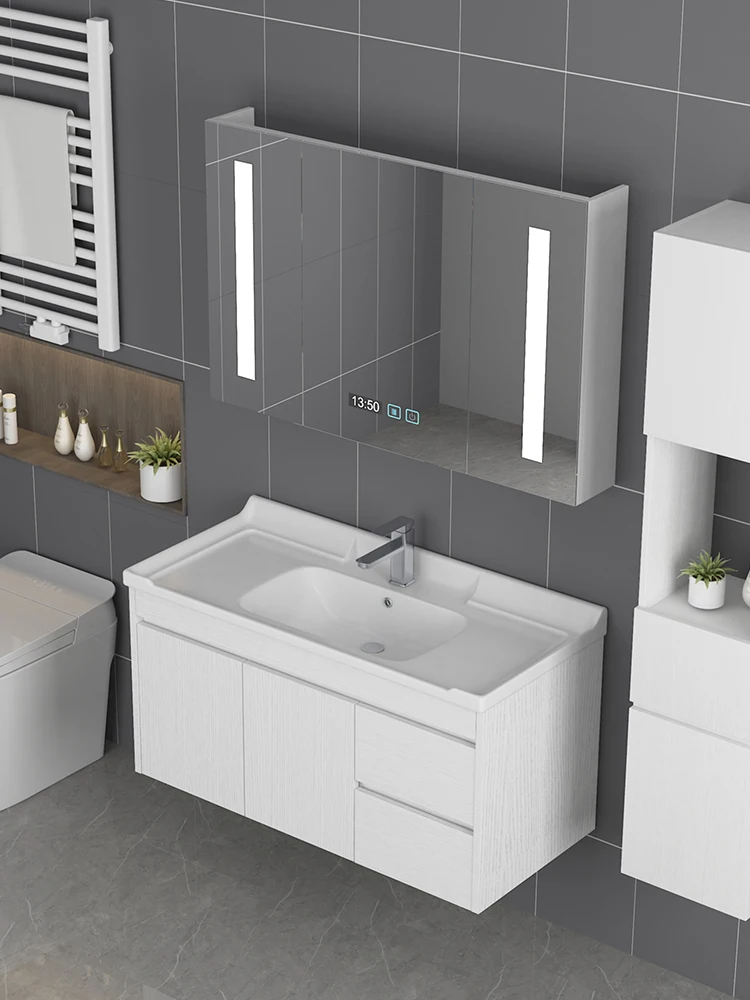 Smart Bathroom Cabinet Combination Mirror Cabinet Solid Wood Bathroom Hand Washing and Face Washing Integrated Cera