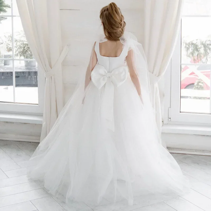 Birthday Party Banquet Holy Communion Gowns Customized Flower Girl Dress White Tulle With Bow Sleeveless For Wedding