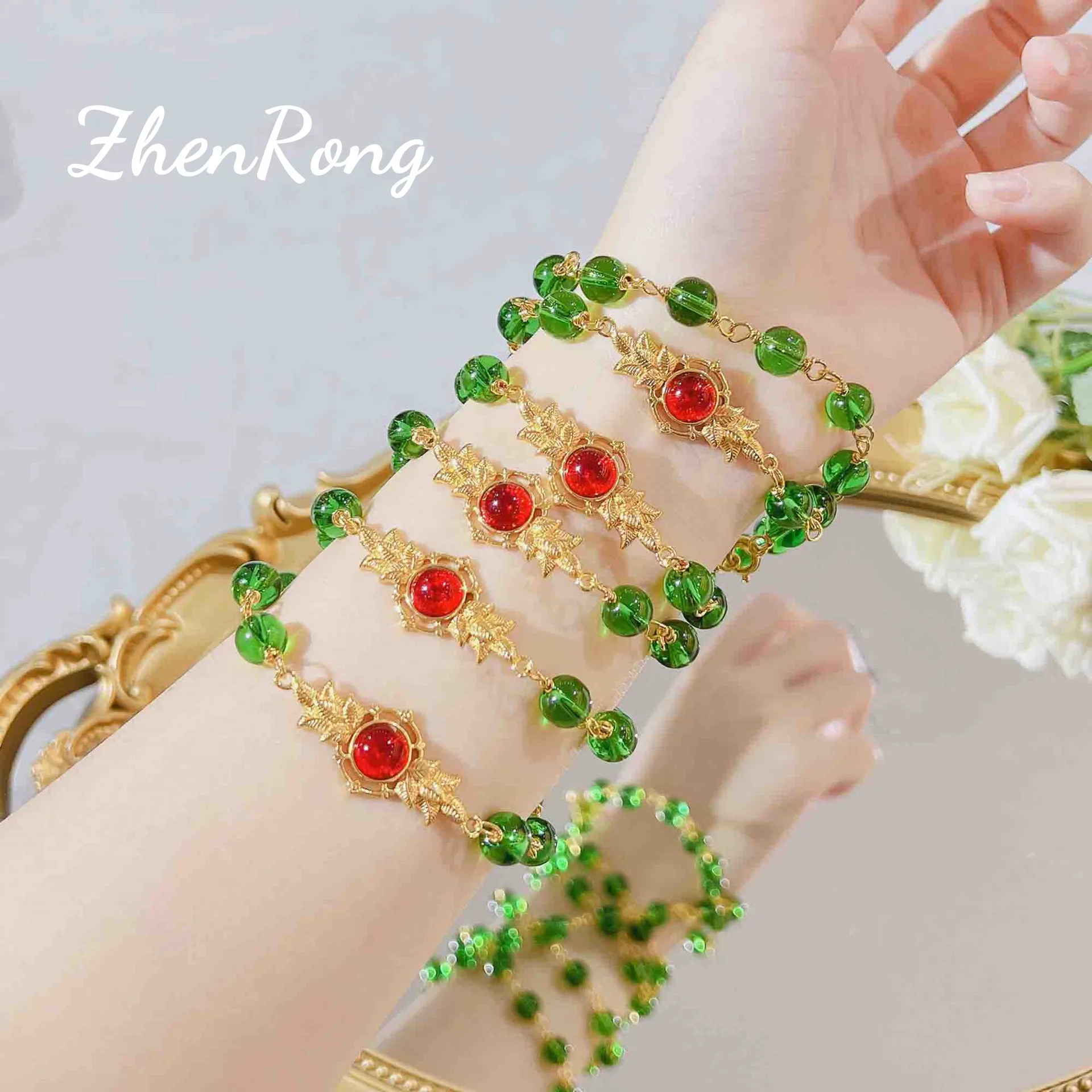 S925 sterling silver necklace retro autumn new green bead set chain sweater chain necklace bracelet two straps