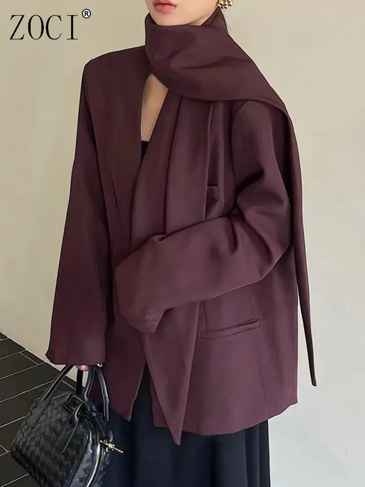 

ZOCI Spliced Button Blazers Women's Scarf Collar Long Sleeve Patchwork Pockets Coats Female Fashion Style 2025 Spring New FC1281